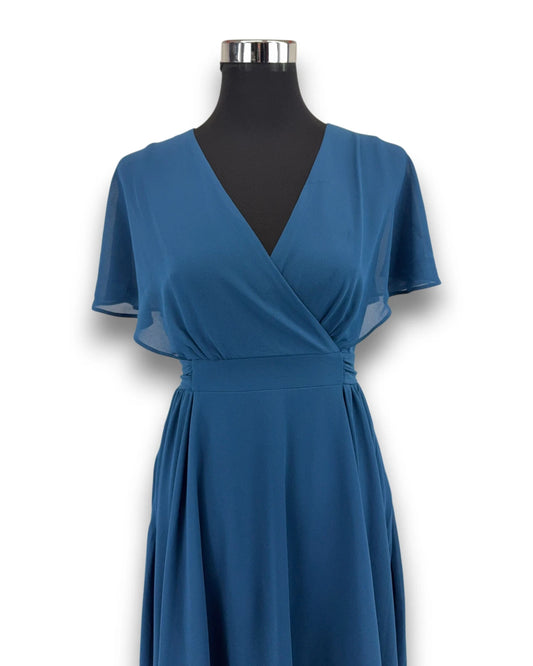 Curlbiuty Damen Kleid Blau Gr. 36 Chiffon V-Ausschnitt Cocktailkleid Vokuhila