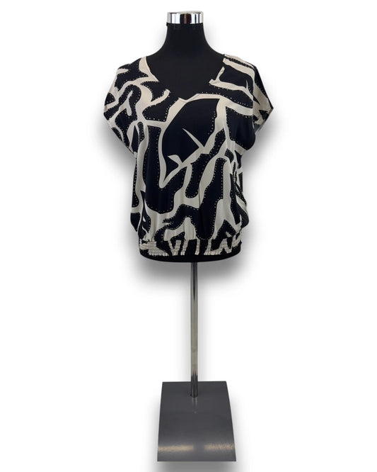 Comma Damen Bluse Gr. 36 schwarz mit Muster V-Ausschnitt Locker geschnitten