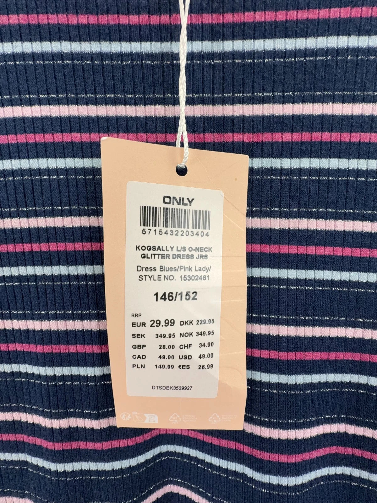 Only Kinder Mädchen Kleid gestreift Gr. 146/152 mit Glitterstreifen