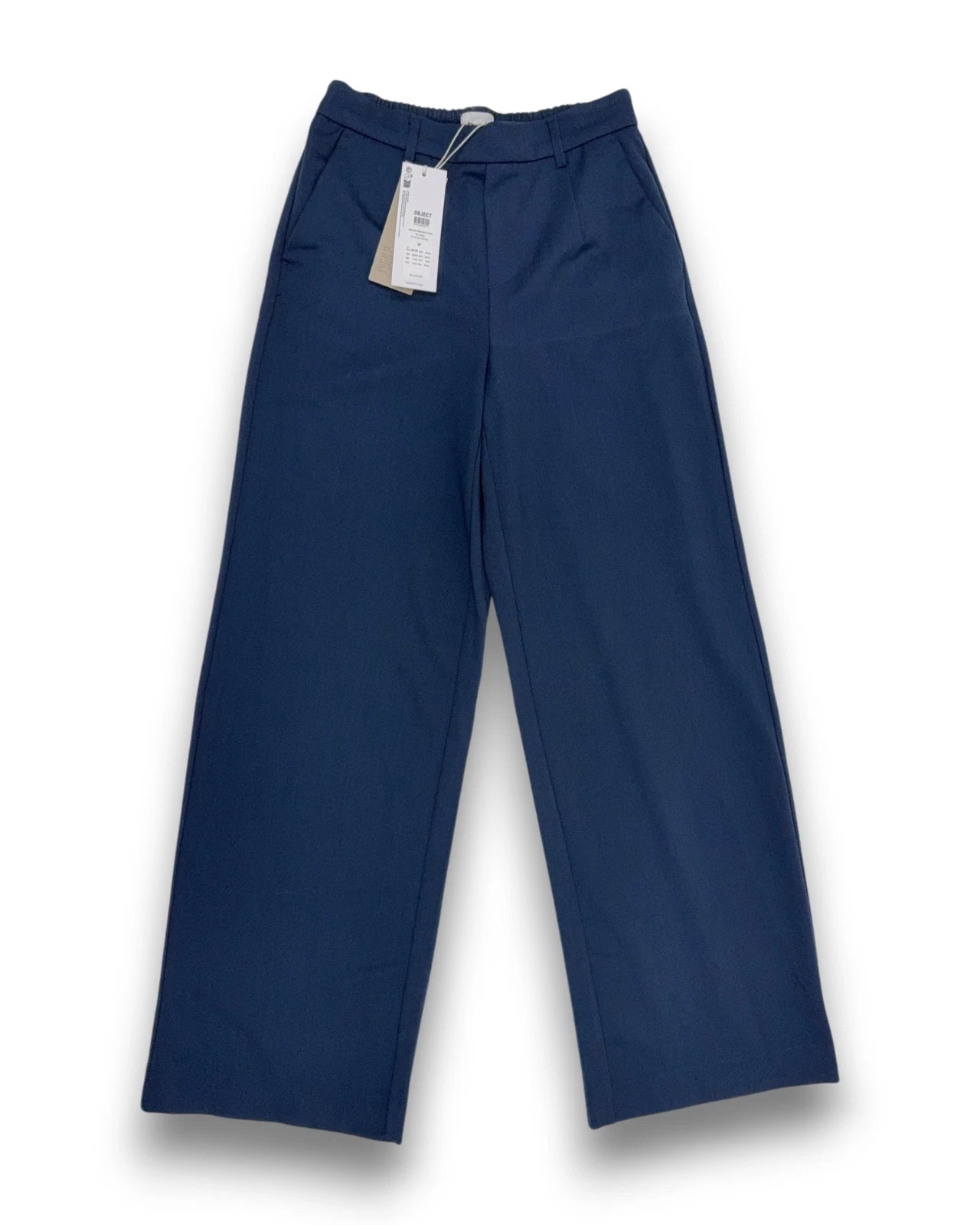 Object Damen Hose Gr. 36 Marineblau Weites Bein Hoher Bund Stretch Stoffhose