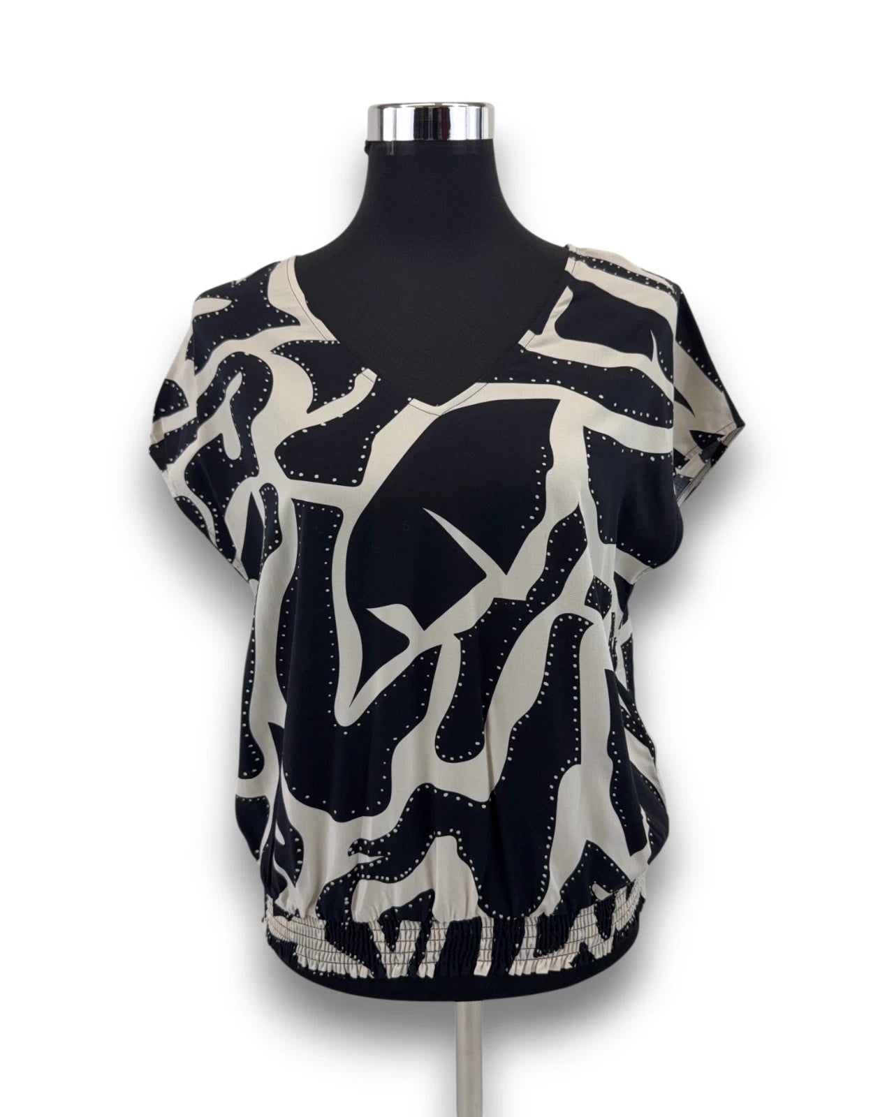 Comma Damen Bluse Gr. 36 schwarz mit Muster V-Ausschnitt Locker geschnitten