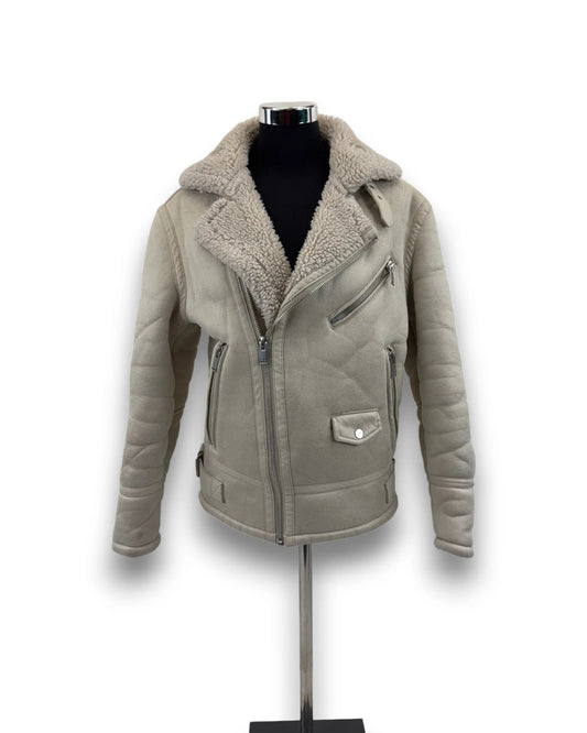 Zara Damen Jacke Gr. S hellbeige Teddy Bikerjacke mit Reißverschluss Preowned