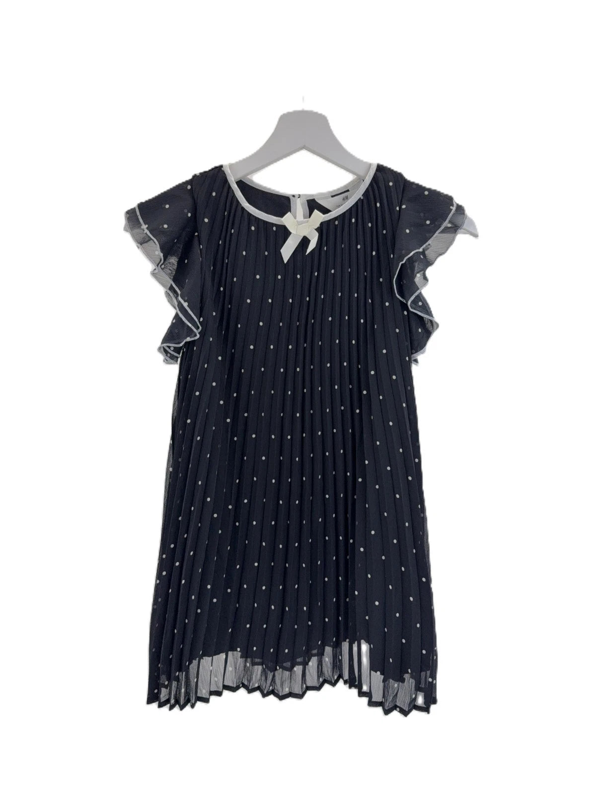 H&M Mädchen Plissiertes Kleid A-Linie schwarz mit Punkten Gr. 122 Kappenärmel