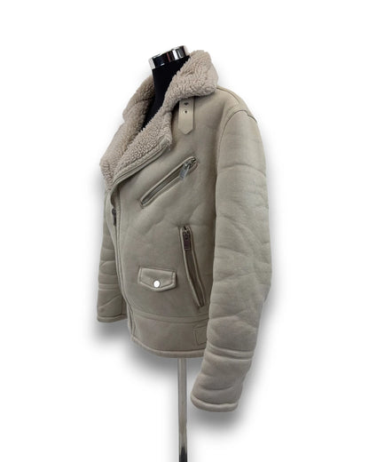 Zara Damen Jacke Gr. S hellbeige Teddy Bikerjacke mit Reißverschluss Preowned