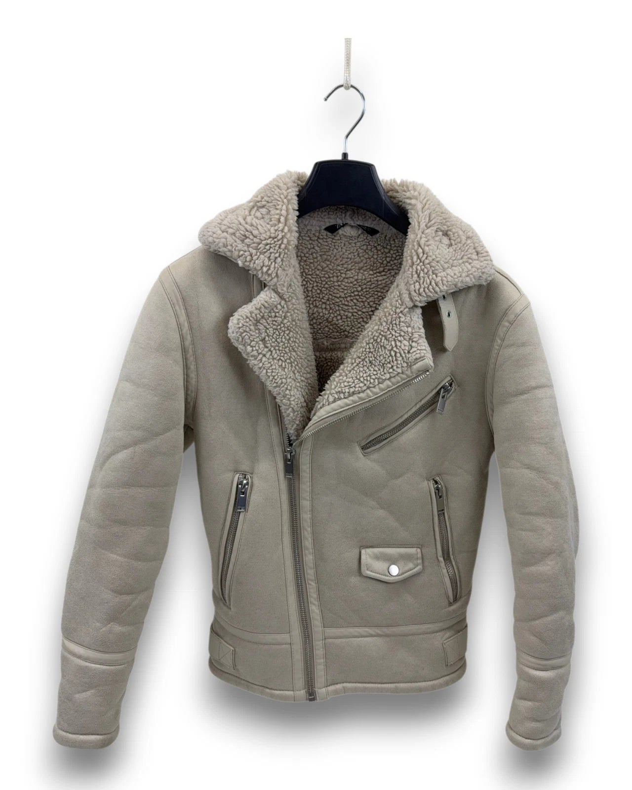 Zara Damen Jacke Gr. S hellbeige Teddy Bikerjacke mit Reißverschluss Preowned