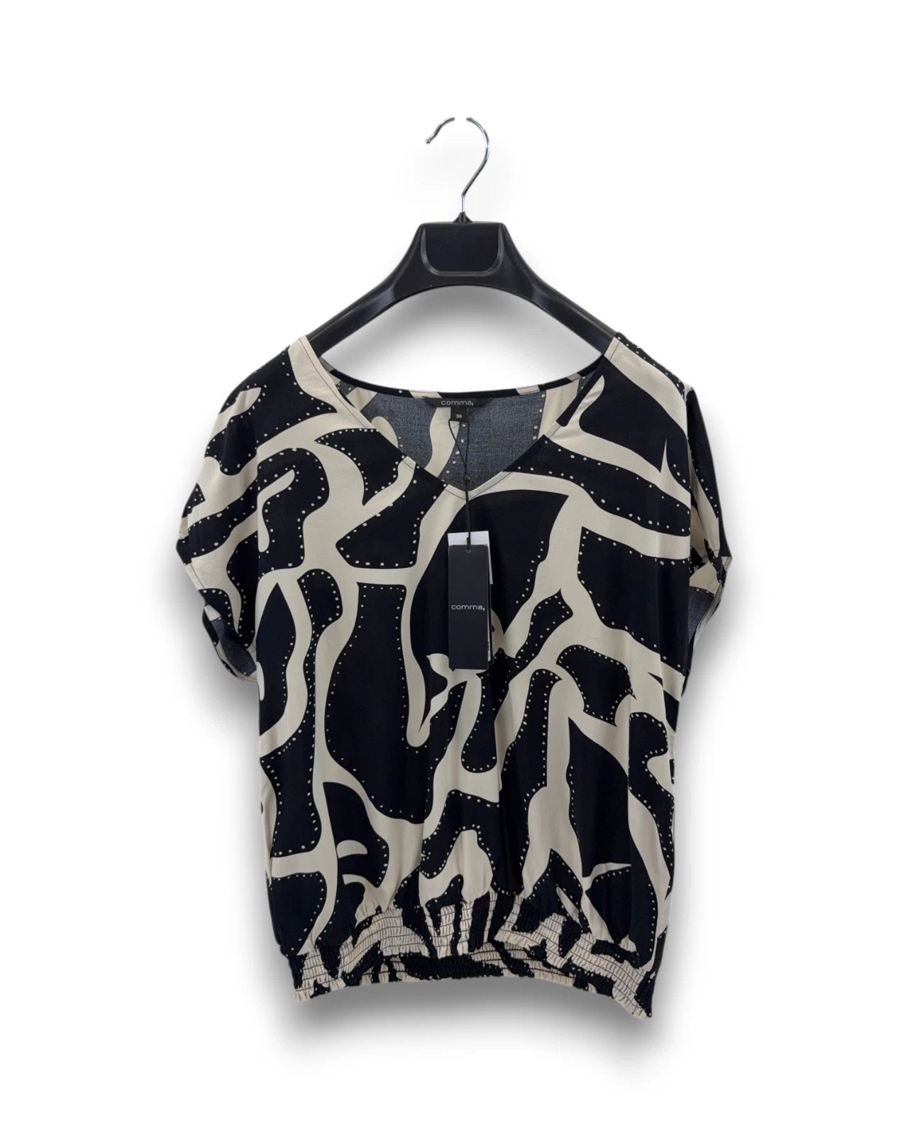 Comma Damen Bluse Gr. 36 schwarz mit Muster V-Ausschnitt Locker geschnitten