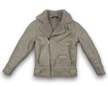 Zara Damen Jacke Gr. S hellbeige Teddy Bikerjacke mit Reißverschluss Preowned