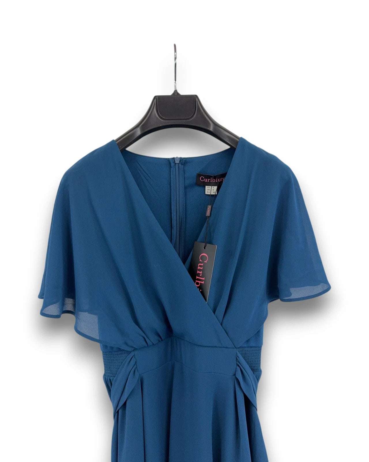 Curlbiuty Damen Kleid Blau Gr. 36 Chiffon V-Ausschnitt Cocktailkleid Vokuhila