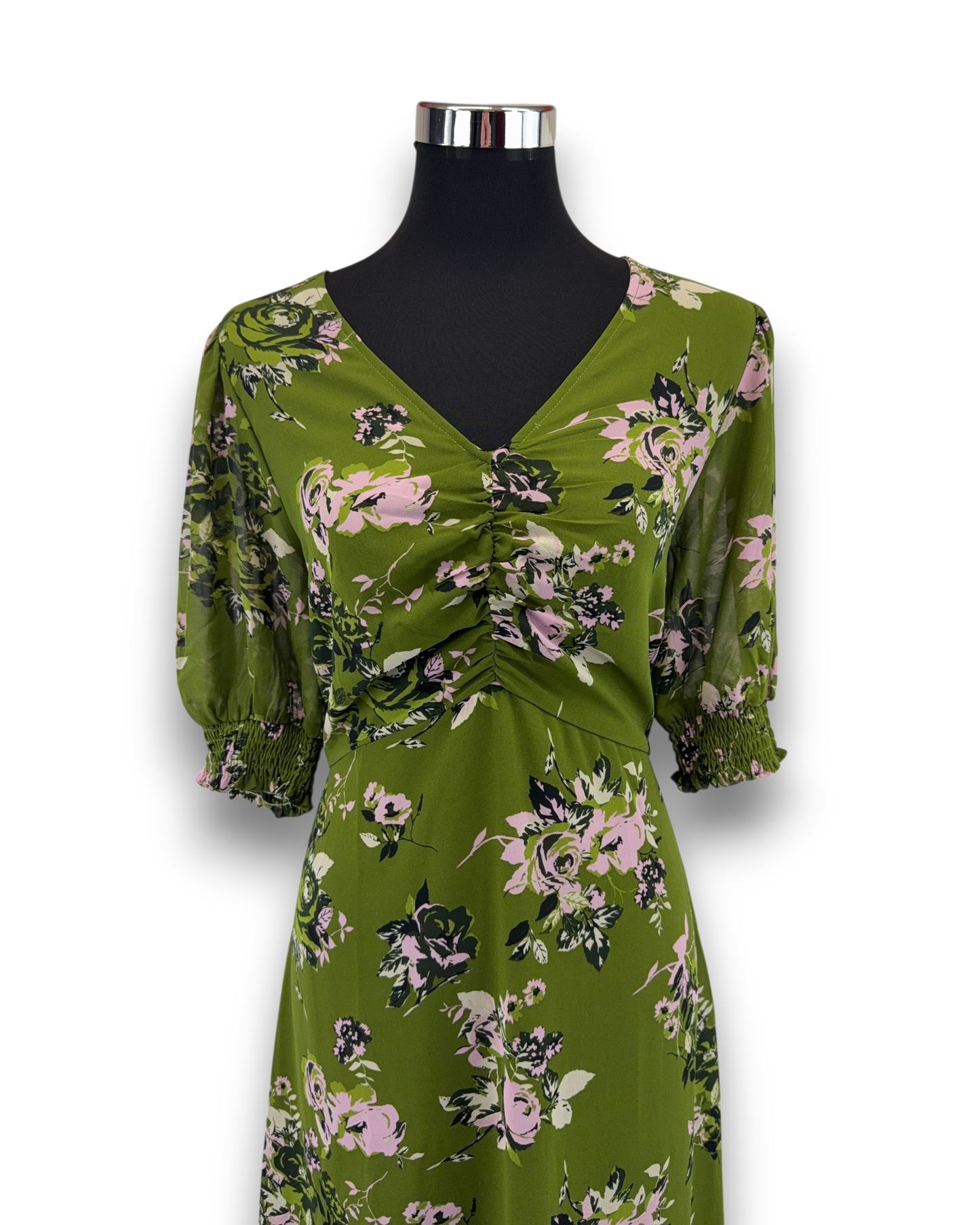 Kaffe Damen Kleid KAvita – Grün – Größe 44 Midi Kleid mit Floralem Muster