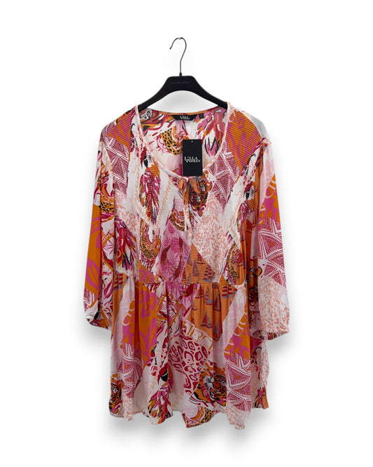ULLA POPKEN Damen lange Bluse Gr. 50/52 Animal Print Smok-Bluse Oberteil Sommer