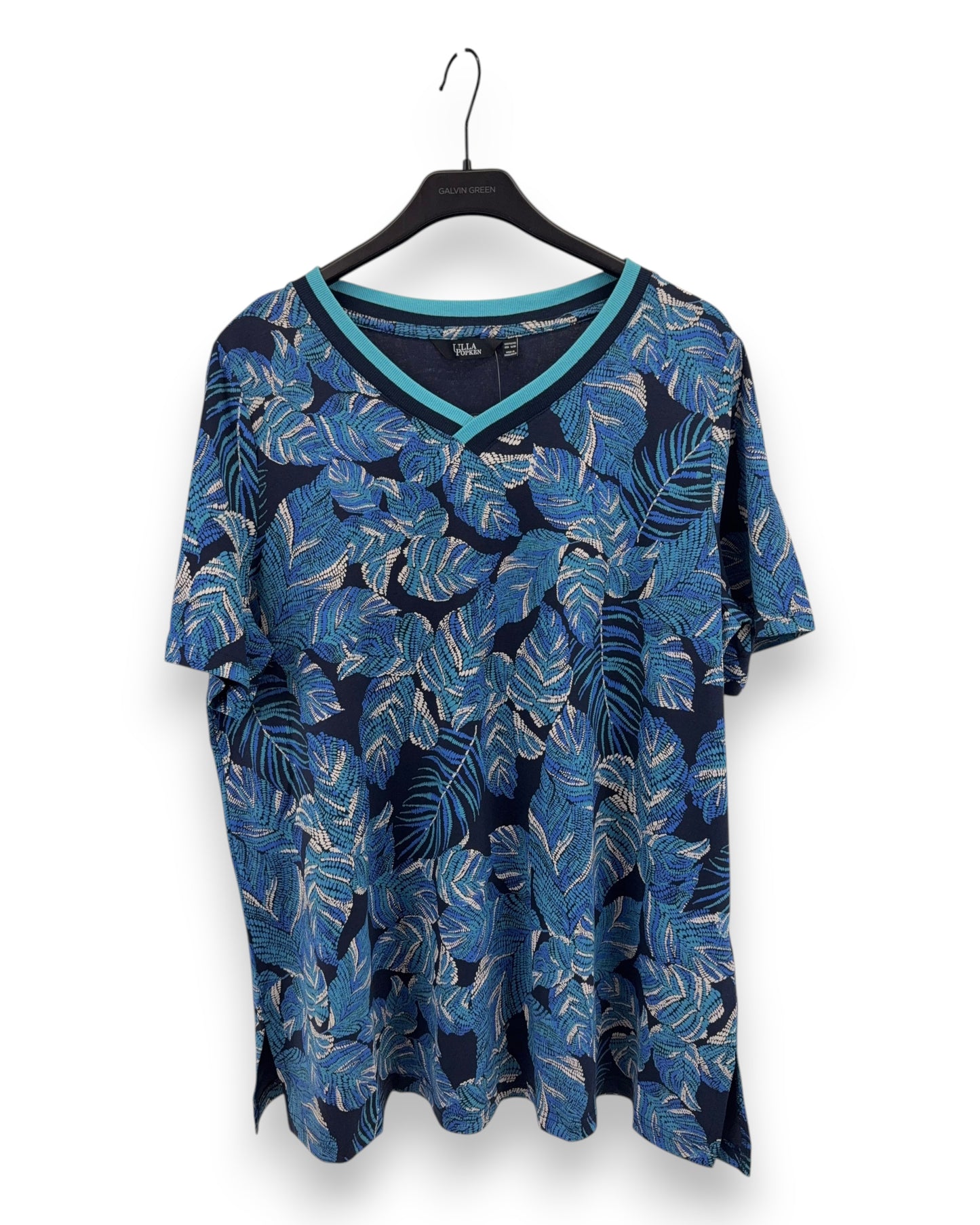 ULLA POPKEN Damen T-Shirt Blau Gr. 46/48 Blätter Muster Kurzarm Shirt Sommer