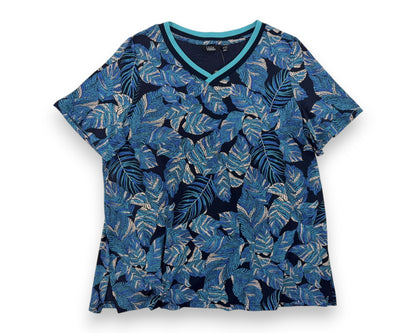 ULLA POPKEN Damen T-Shirt Blau Gr. 46/48 Blätter Muster Kurzarm Shirt Sommer