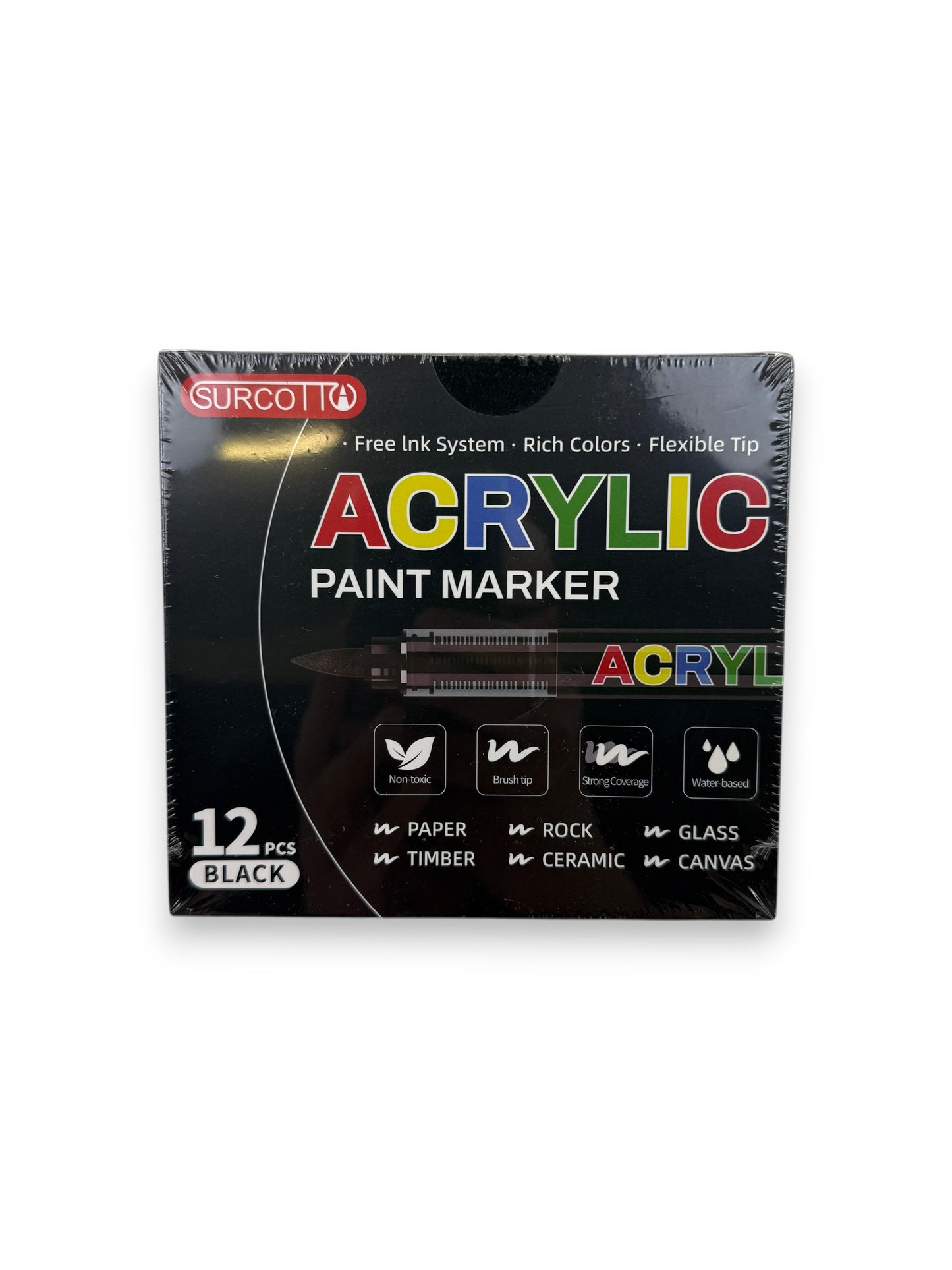 Surcotto 12er Set Acrylstifte Schwarz Pinselspitze Acrylmarker Steine Glas