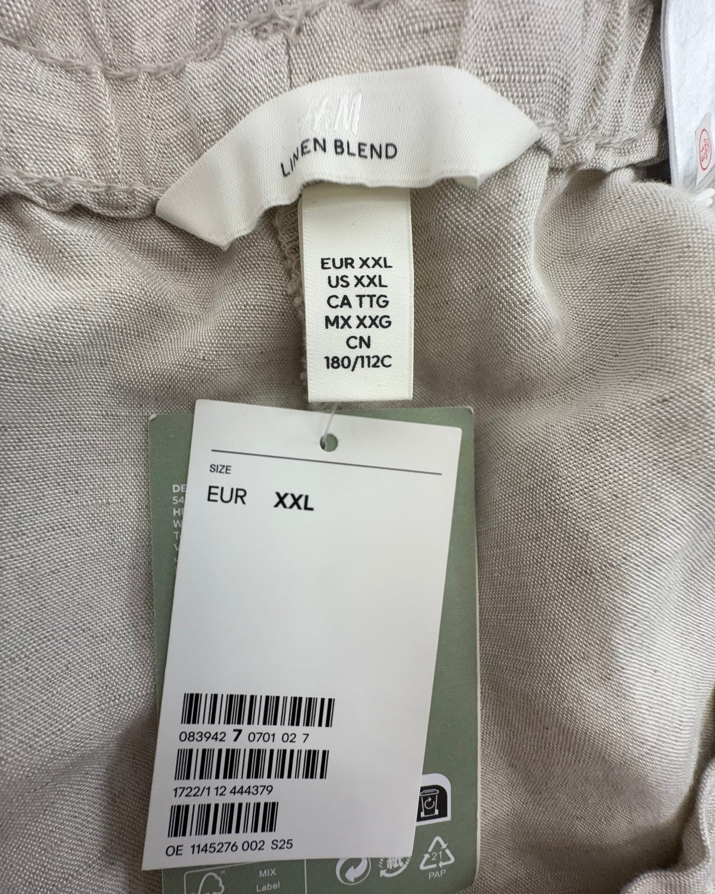 H&M Damen Leinenmix Knöchelhose Gr XXL Hellbeige High Waist Loose Fit Hose